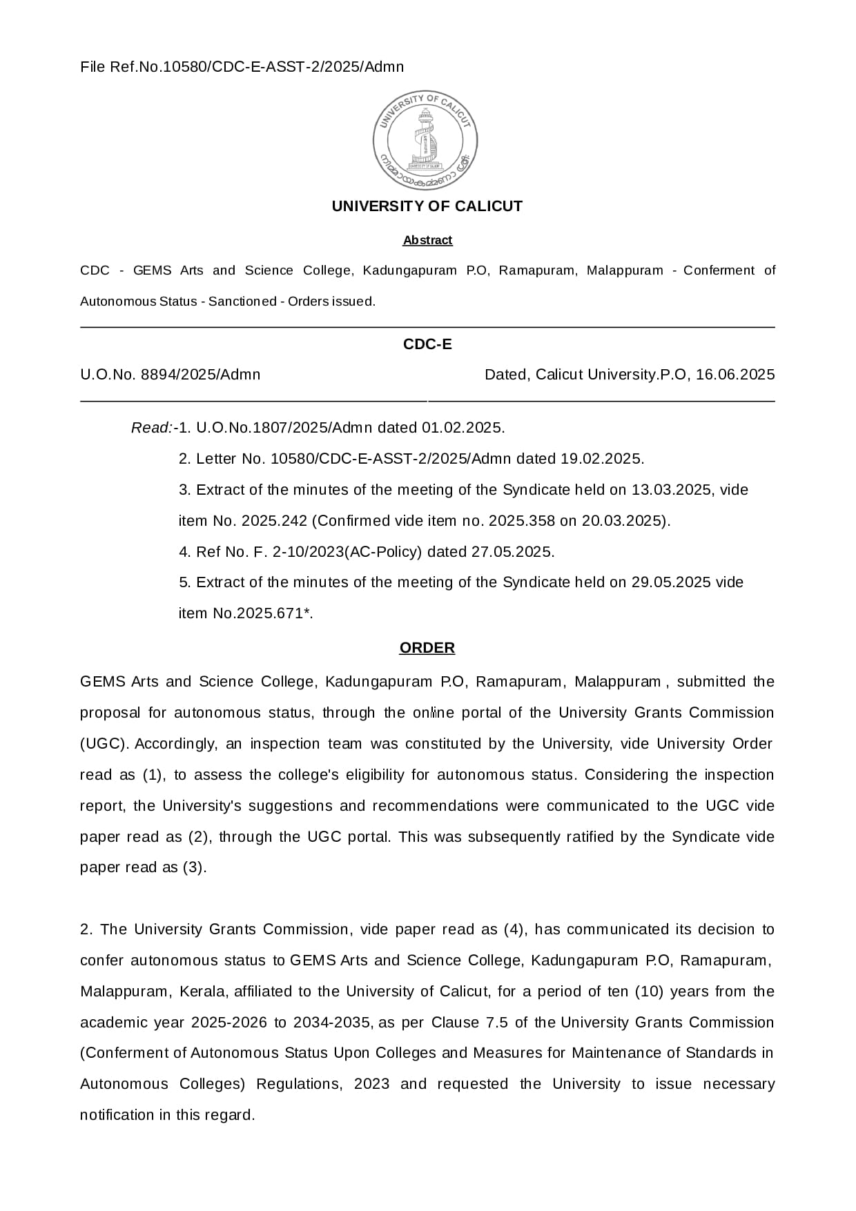 Autonomous Status Officially Conferred
