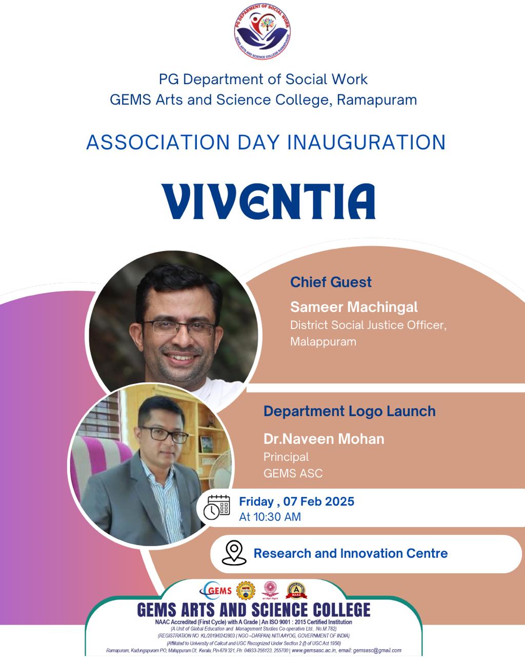 ASSOCIATION INAUGURATION - VIVENTIA 2K25 PG DEPARTMENT OF SOCIAL WORK
