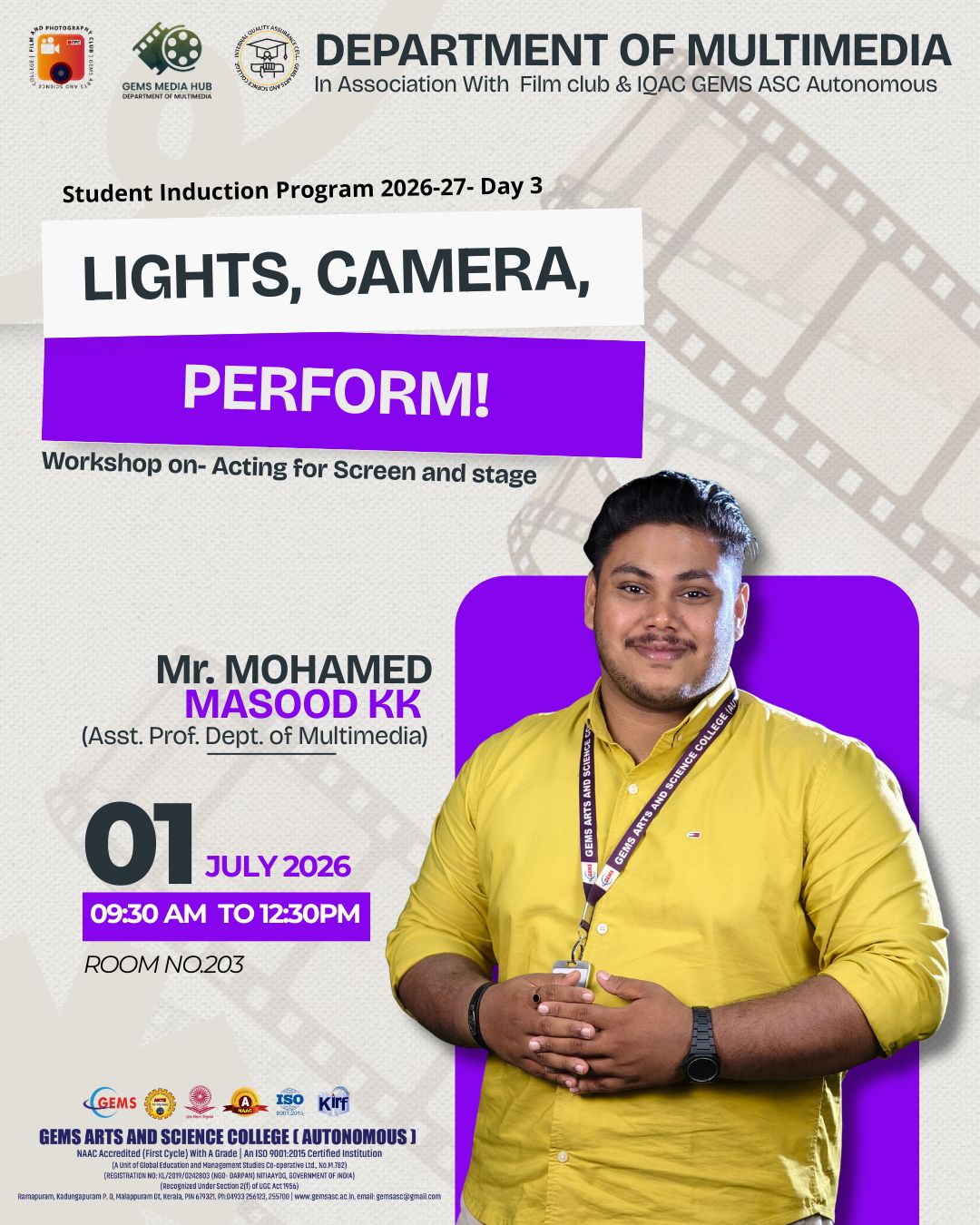 Workshop on Acting for Screen and Stage "Lights, Camera, Perform!"